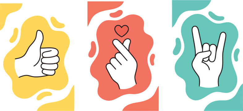 Three Hand Gestures With Abstract Shapes Vector Illustration On Transparent Background
