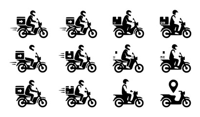Naklejka premium Delivery Man Riding Motorcycle Icons Set Black Blue Courier Delivery Service Vector Collection