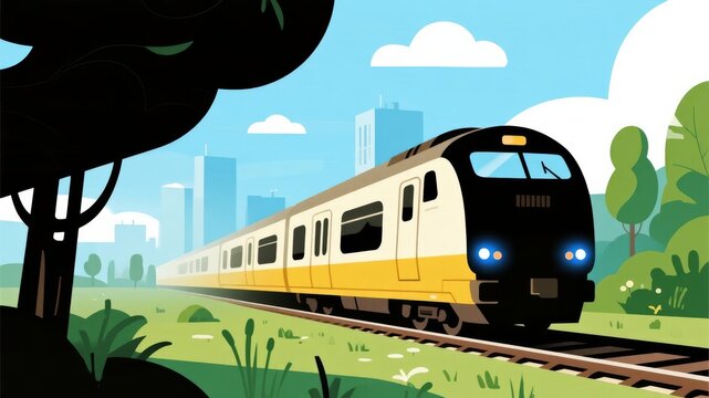 Fresh and charming illustrations of high-speed trains traveling through urban green spaces.