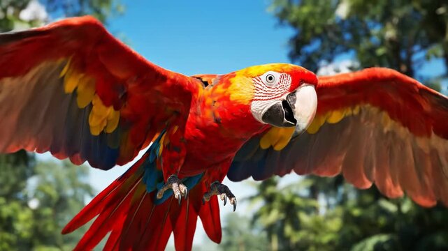 Colorful scarlet macaw parrot flying through lush tropical jungle canopy.