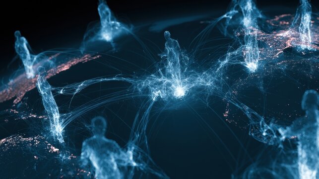 Multiple abstract human silhouettes connect and contribute glowing data to a central workspace viewed across a dark globe background