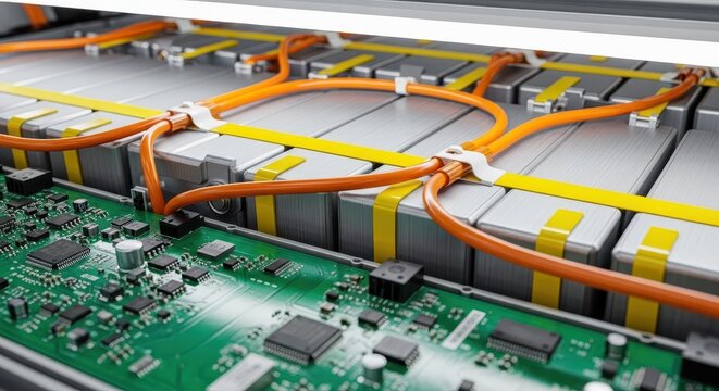 Close-up of Modern Electric Vehicle Battery Pack with BMS Circuit Board and High Voltage Orange Cables
