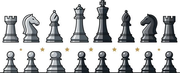 Classic Chess Piece Collection Set with Black and White Chess Figures Strategy Board Game Tournament Illustration Elements © MstBobita