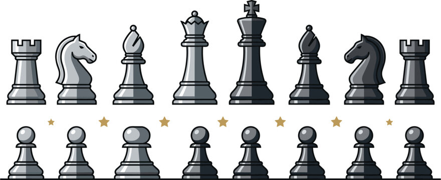 Classic Chess Piece Collection Set with Black and White Chess Figures Strategy Board Game Tournament Illustration Elements