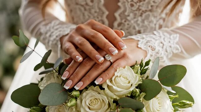 Bride showing off engagement ring on her left hand as she holds a white rose wedding bouquet