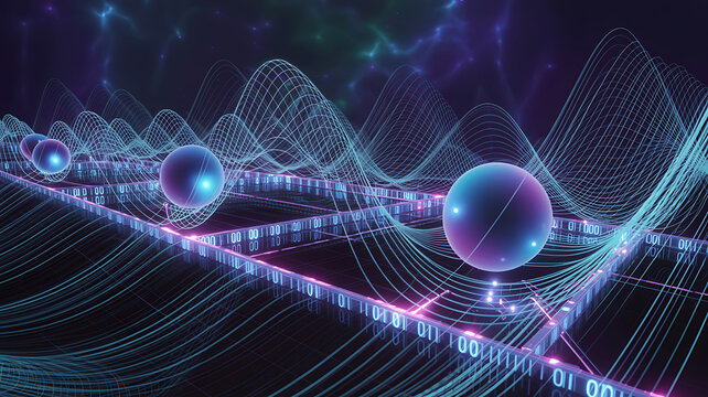 Digital waveform with glowing purple and blue spheres and binary code on a dark background
