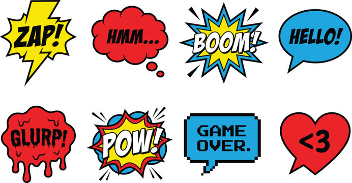 Comic speech bubbles and pop art sound effects vector expression elements collection isolated on white background