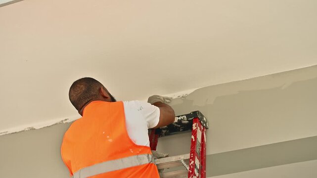 Construction worker on a ladder applying plaster to a ceiling joint during a home renovation project