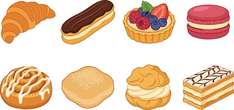 French bakery pastries and sweet dessert confectionery vector illustration icons set for commercial cafe menu design