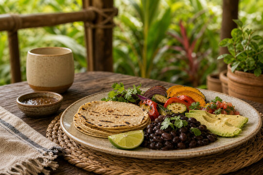Plant based local meal on handmade ceramic plate