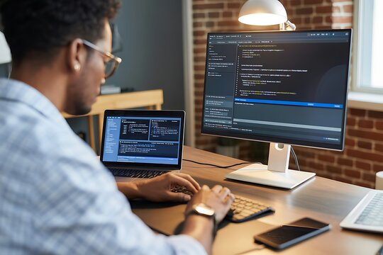Software Developer Working at Desktop Computer with Programming Code
