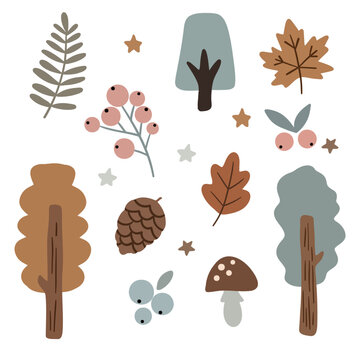 Woodland Botanical Elements Clipart Set with Trees Leaves and Forest Nature
