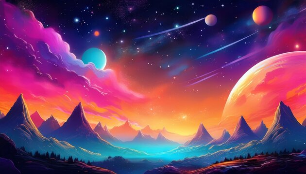 a colorful planet landscape with mountains stars and a vibrant celestial body in the sky