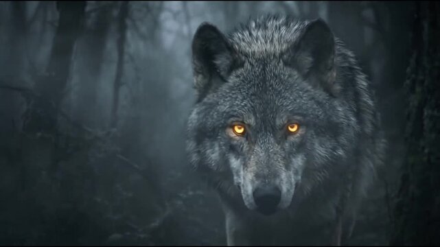 Grey wolf with glowing yellow eyes in dark foggy woods.