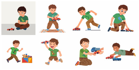 Fototapeta premium Set of little boy illustrations showing various emotions and activities playing with toy cars
