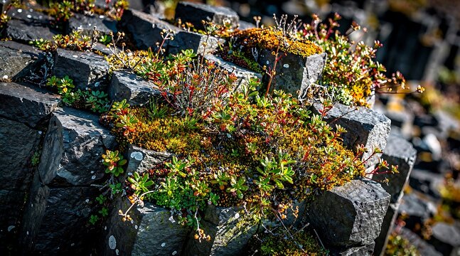 Vibrant moss and tiny alpine flowers growing on dark textured volcanic rocks.
