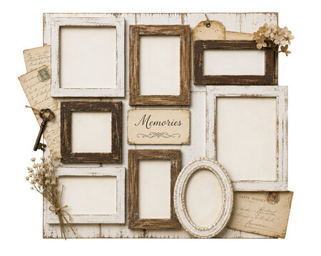 A collection of empty picture frames and old memories on a wooden background