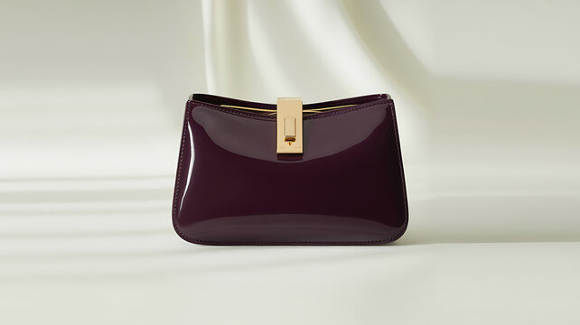 Dark purple clutch purse with gold clasp, on white background, handbag burgundy