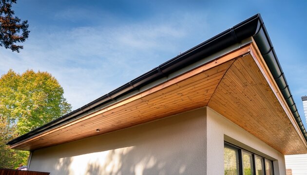 modern house exterior black gutters and wooden soffit