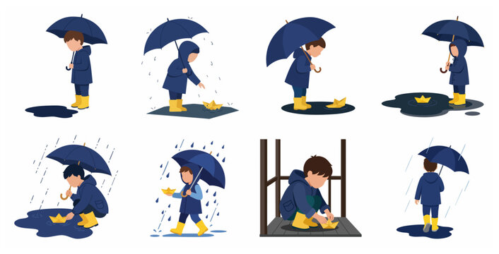 Little boy in raincoat and boots playing with paper boat in the rain vector illustration set