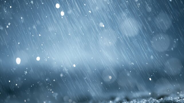 Heavy winter snowfall falling against a dark blue blurred background creating a cold atmospheric mood with bright glowing white bokeh