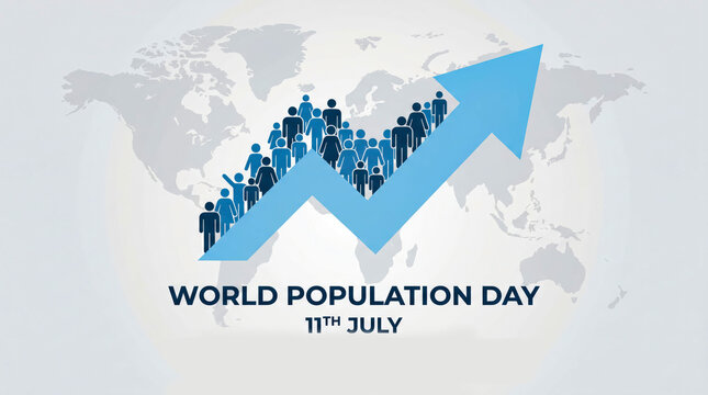 World Population Day 11th July banner, global human growth concept with blue arrow and people icons, world map background for demographic awareness