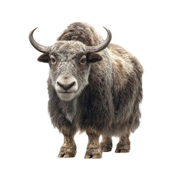 PNG of Mature yack with thick fur, showcasing strength and calm demeanor in a pristine setting.
