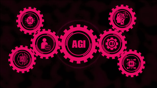 A central gear labeled agi surrounded by smaller interlocking gears displaying artificial intelligence like a brain, a chip, a person, and a cloud on a deep magenta background