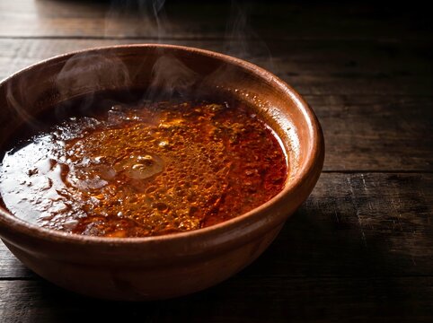 Traditional Mexican birria broth served in a clay bowl with steam