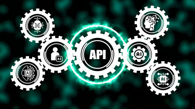 Api application programming interface concept featuring central gear with text label surrounded by smaller gears with ai and brain on a teal background