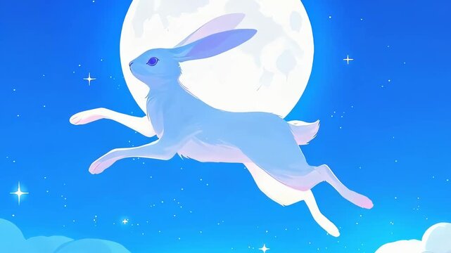 Moon rabbit jumping in night sky. Traditional folklore character from Asian legend. Mythical hare floating against full moon, stars and clouds. Fantasy scenery.