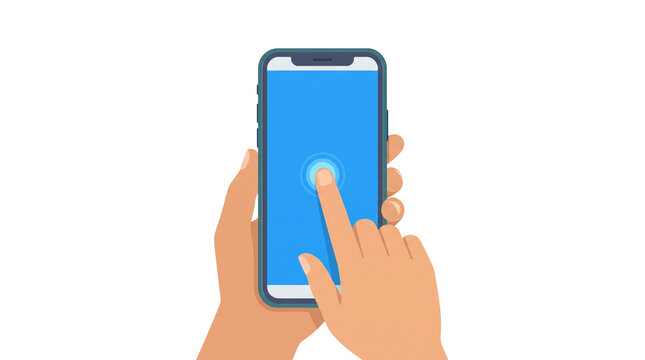 PNG Transparent Vector illustration of hands holding a smartphone and touching the blue screen with a finger tap gesture, isolated on a black background