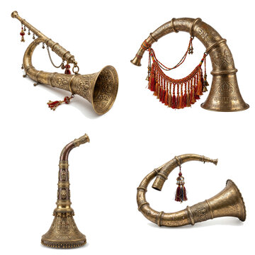 Ornate Horns from the East: A collection of four elaborately decorated brass horns, each with a unique curved shape and adorned with intricate patterns and tassels.