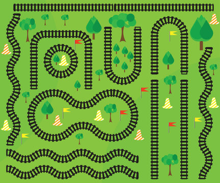 Toy train track vector constructor kit with railway pieces and trees