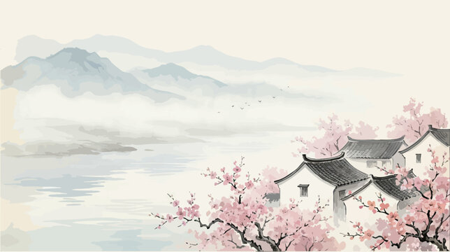 Traditional chinese landscape painting with mountains, water, and blossom trees.