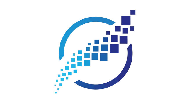 A blue circular graphic design with a trail of digital square pixels