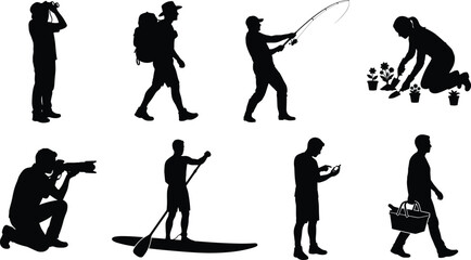 Naklejka premium Outdoor Recreation People Silhouette Collection with Hiking Fishing Photography Gardening and Adventure Vector Set