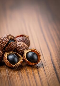 Dried soap nuts used for natural hair cleansing and ecological washing, displayed on a wooden surface commonly used in herbal treatments, hair care, ancient, herb