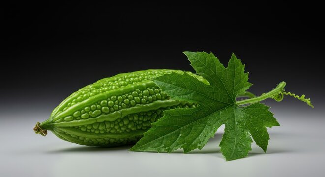 Freshly harvested bright green momordica fruit lying next to its ribbed, deeply lobed leaf, highlighting the bumpy texture, natural, green, nature