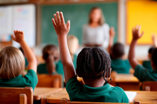 Elementary School Children in Green Uniforms Raising Hands in Classroom with Teacher