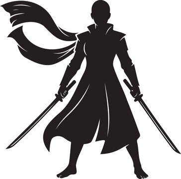 Female warrior silhouette vector illustration holding dual katana swords with a flowing long cape standing in confident fighter pose isolated on white background for fantasy action character concept a