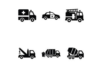 Emergency and construction vehicle icon set black silhouettes - Vector collection of service trucks and police car symbols © Abdulla11
