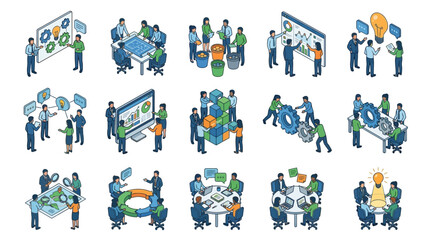 Fototapeta premium Modern Business Team Collaboration and Innovation Process Illustrated with Colorful Flat Design Icons