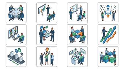 Fototapeta premium Dynamic Illustrated Guide to Modern Business Strategies and Team Collaboration Concepts with high quality professional line art symbols for modern creative design and digital branding projects