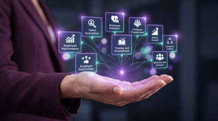 Fototapeta premium Businesswoman Holding Purple HR Management Hologram Icons