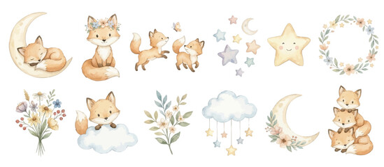Obraz premium Cute fox watercolor nursery clipart with dreamy woodland elements. Collection of Vector illustrations for invitation, card, poster, banner, decoration