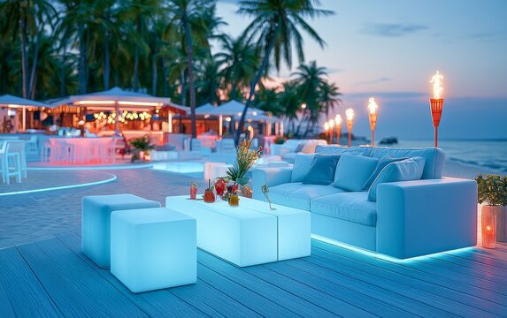 Modern Beach Club at Sunset Transitioning to Night with Ambient Lighting