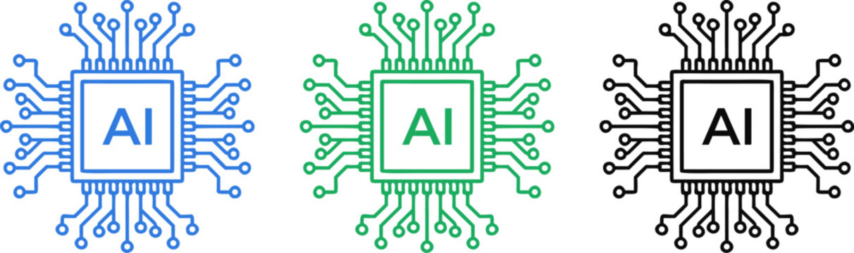 Artificial Intelligence AI Processor Chip Circuit Board Technology Icon Set in Blue Green and Black Line Art