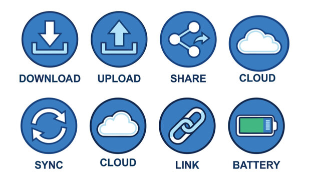 Download upload share cloud sync link and battery flat icons on white background