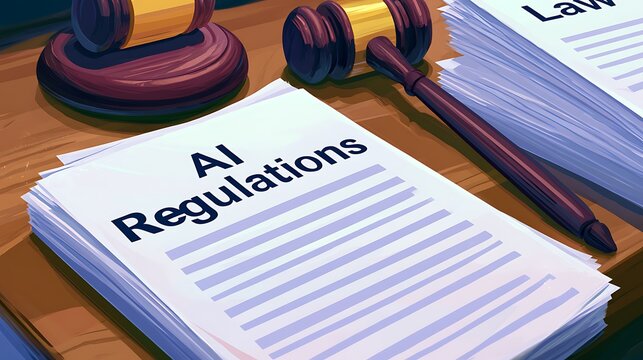 AI Regulations document on a wooden desk with legal gavel and law books background